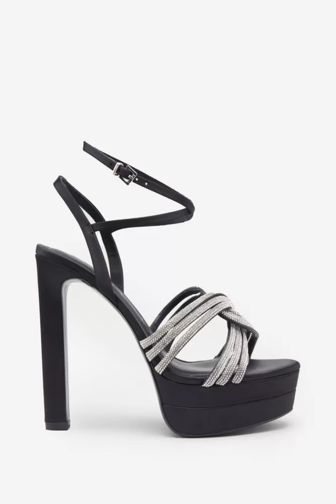 Club L London Doll Drama | Black Satin Diamante Strappy Platform Heels BLACKSATIN Hot