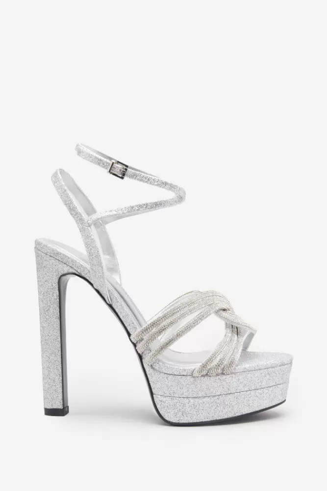 Club L London Doll Drama | Silver Glitter Diamante Strappy Platform Heels SILVERGLITTER Hot