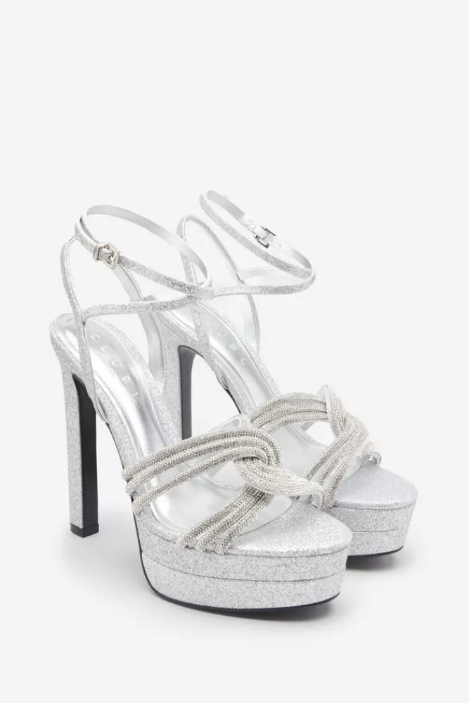 Club L London Doll Drama | Silver Glitter Diamante Strappy Platform Heels SILVERGLITTER Hot