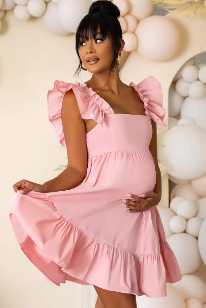 Club L London Dolly Daze | Maternity Ruffle Sleeve Babydoll Mini Dress Pink Clearance