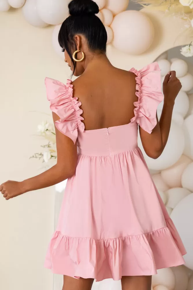 Club L London Dolly Daze | Maternity Ruffle Sleeve Babydoll Mini Dress Pink Clearance