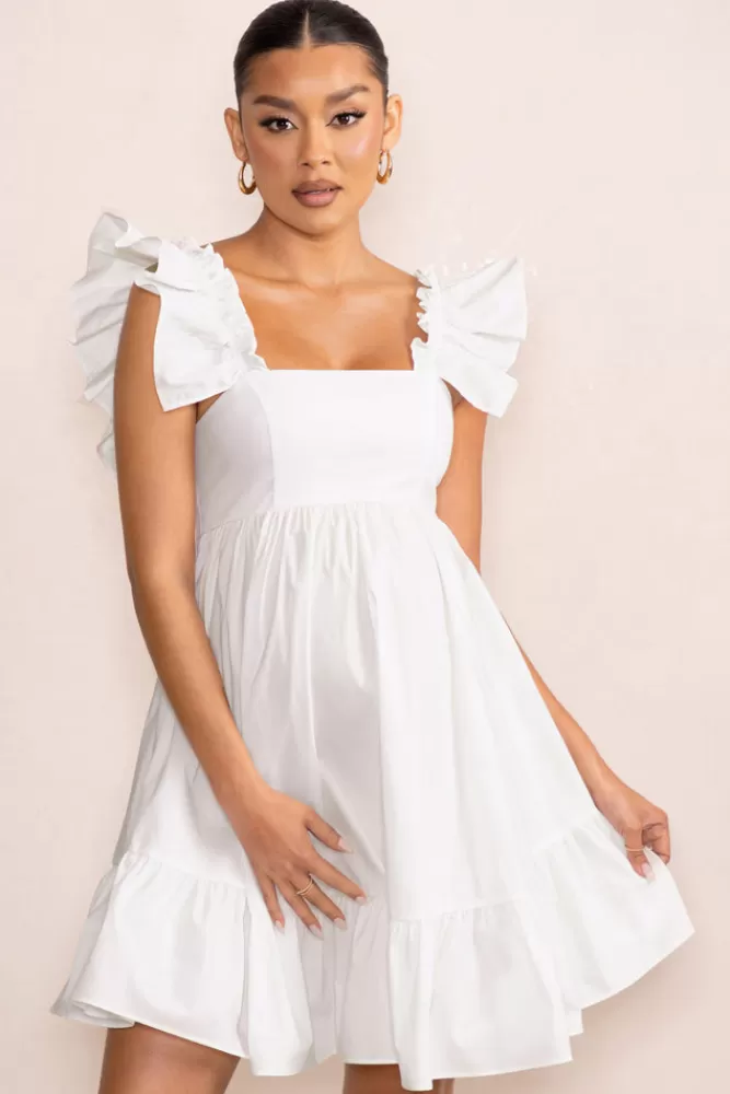 Club L London Dolly Daze | Maternity Ruffle Sleeve Babydoll Mini Dress White Cheap