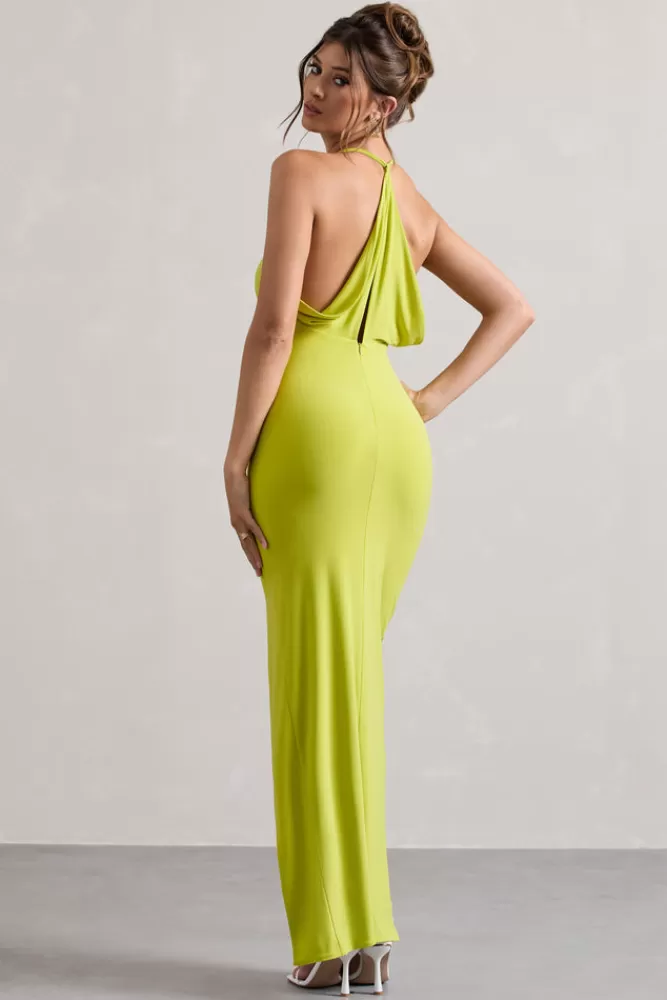 Club L London Domenica | Green Halter-Neck Wrap Maxi Dress LIME Outlet