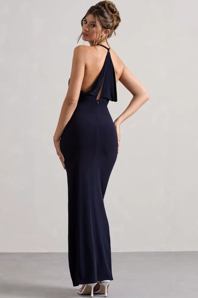 Club L London Domenica | Halter-Neck Wrap Maxi Dress NAVY Outlet