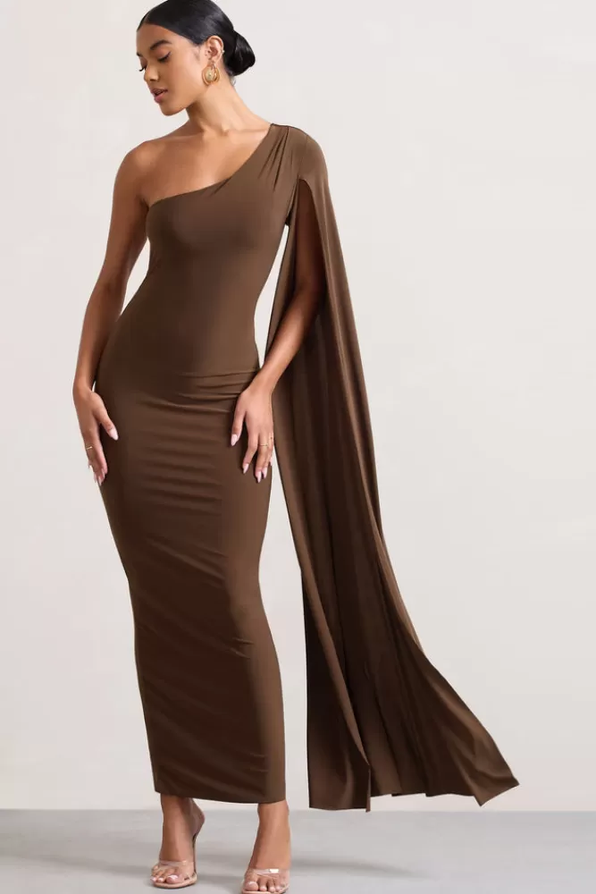 Club L London Dominique | Brown One Shoulder Cape Sleeve Bodycon Maxi Dress CHOCOLATE Clearance