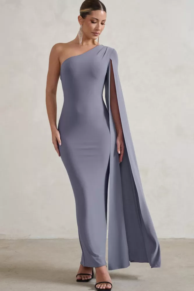 Club L London Dominique | One Shoulder Cape Sleeve Bodycon Maxi Dress GREY Online