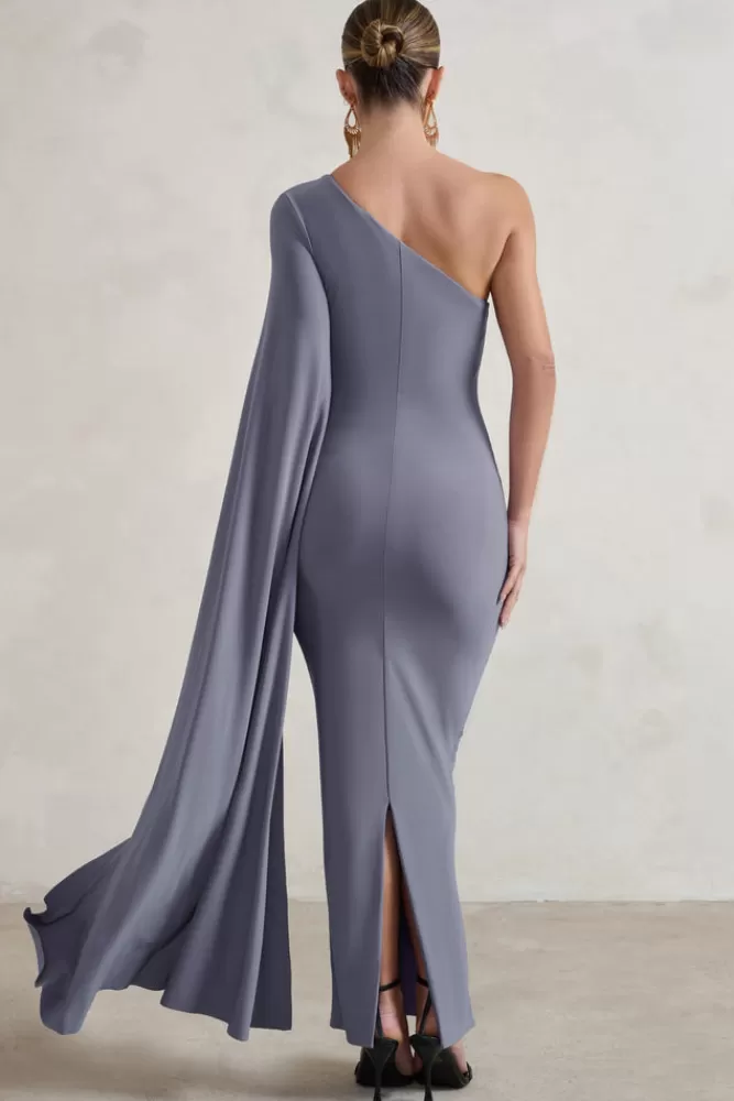 Club L London Dominique | One Shoulder Cape Sleeve Bodycon Maxi Dress GREY Online