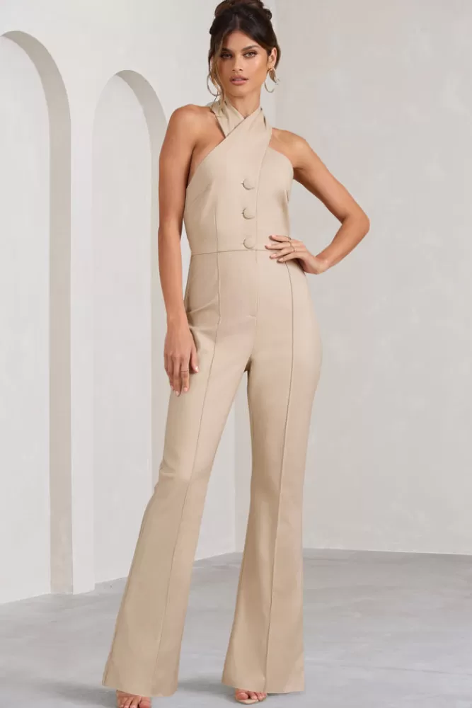 Club L London Don't Cross Me | Halter Neck Tailored Buttoned Sleeveless Jumpsuit STONE Flash Sale