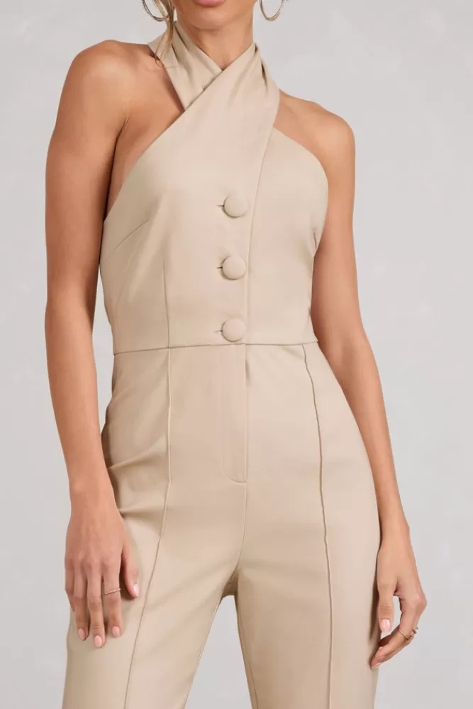 Club L London Don't Cross Me | Halter Neck Tailored Buttoned Sleeveless Jumpsuit STONE Flash Sale