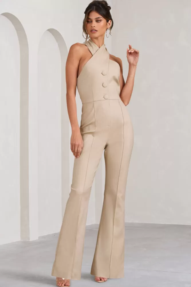 Club L London Don't Cross Me | Halter Neck Tailored Buttoned Sleeveless Jumpsuit STONE Flash Sale