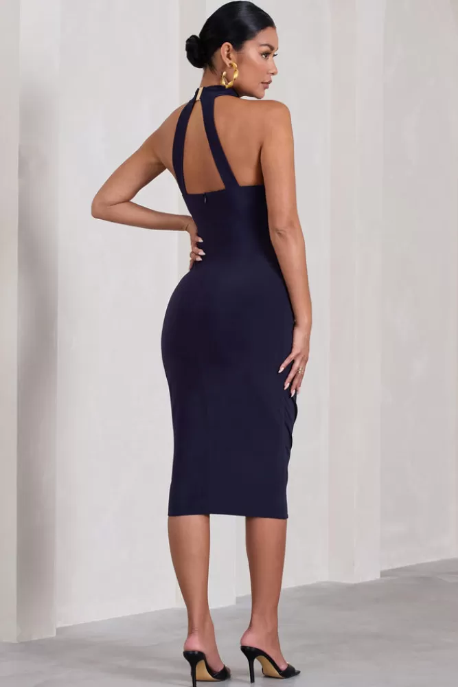 Club L London Dora | Halter-Neck Open-Back Maternity Midi Dress NAVY Fashion