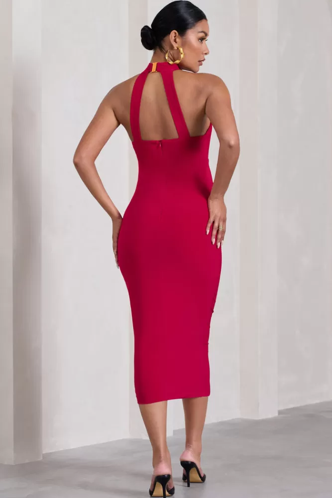 Club L London Dora | Halter-Neck Open-Back Maternity Midi Dress RED Discount