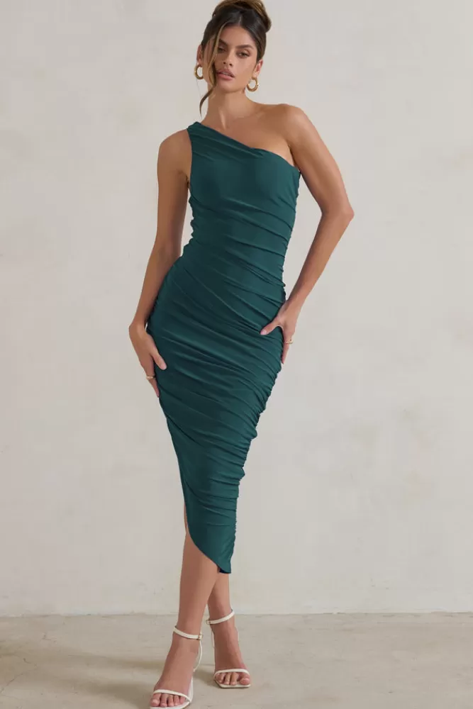 Club L London Dorit | Bottle Green One Shoulder Asymmetric Ruched Midi Dress BOTTLEGREEN Discount