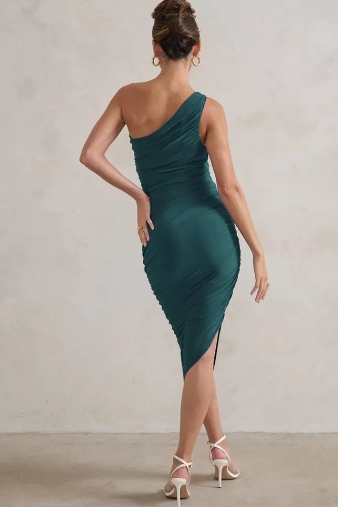 Club L London Dorit | Bottle Green One Shoulder Asymmetric Ruched Midi Dress BOTTLEGREEN Discount