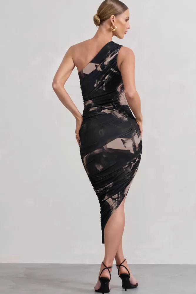 Club L London Dorit | Brown Print One Shoulder Asymmetric Ruched Midi Dress BROWNPRINT Fashion