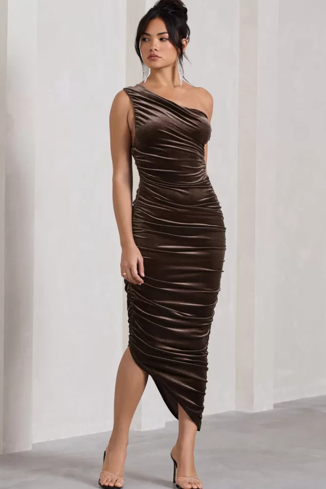 Club L London Dorit | Velvet One Shoulder Asymmetric Ruched Midi Dress CHOCOLATE Outlet