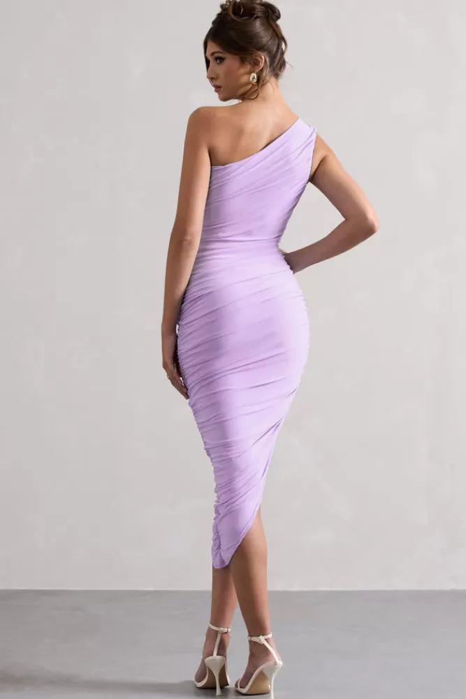 Club L London Dorit | One Shoulder Asymmetric Ruched Midi Dress LILAC Flash Sale