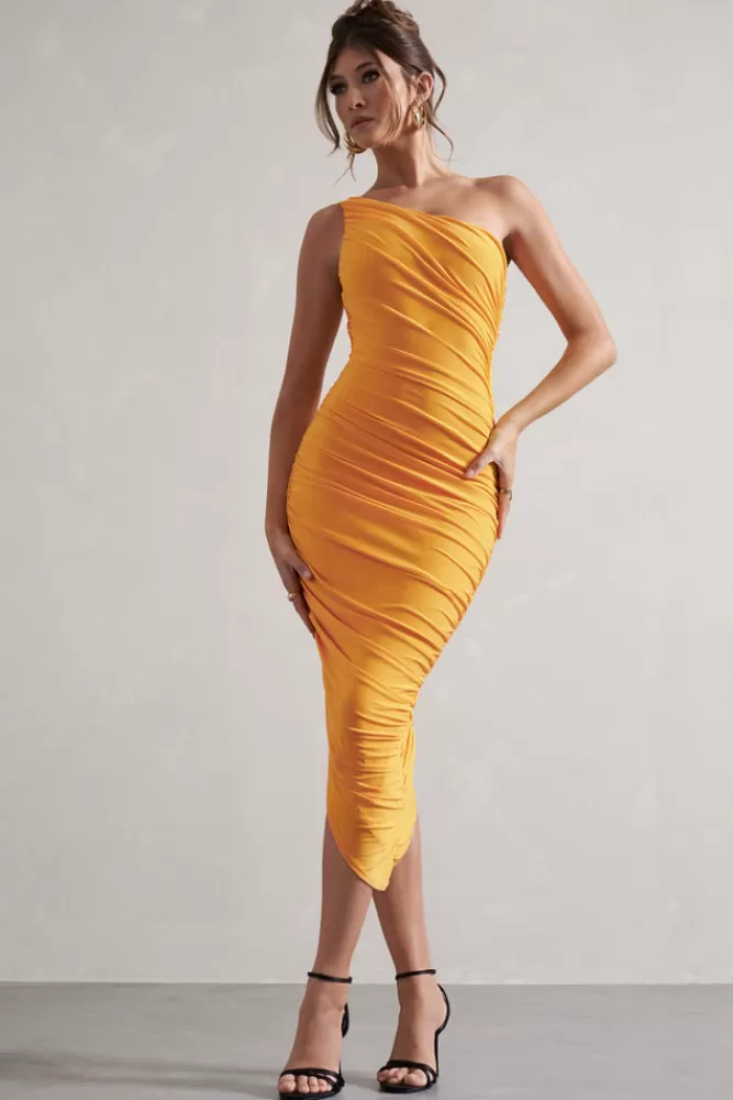 Club L London Dorit | Mango One Shoulder Asymmetric Ruched Midi Dress STOCKMANGOYELLOW New