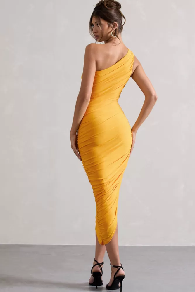 Club L London Dorit | Mango One Shoulder Asymmetric Ruched Midi Dress STOCKMANGOYELLOW New