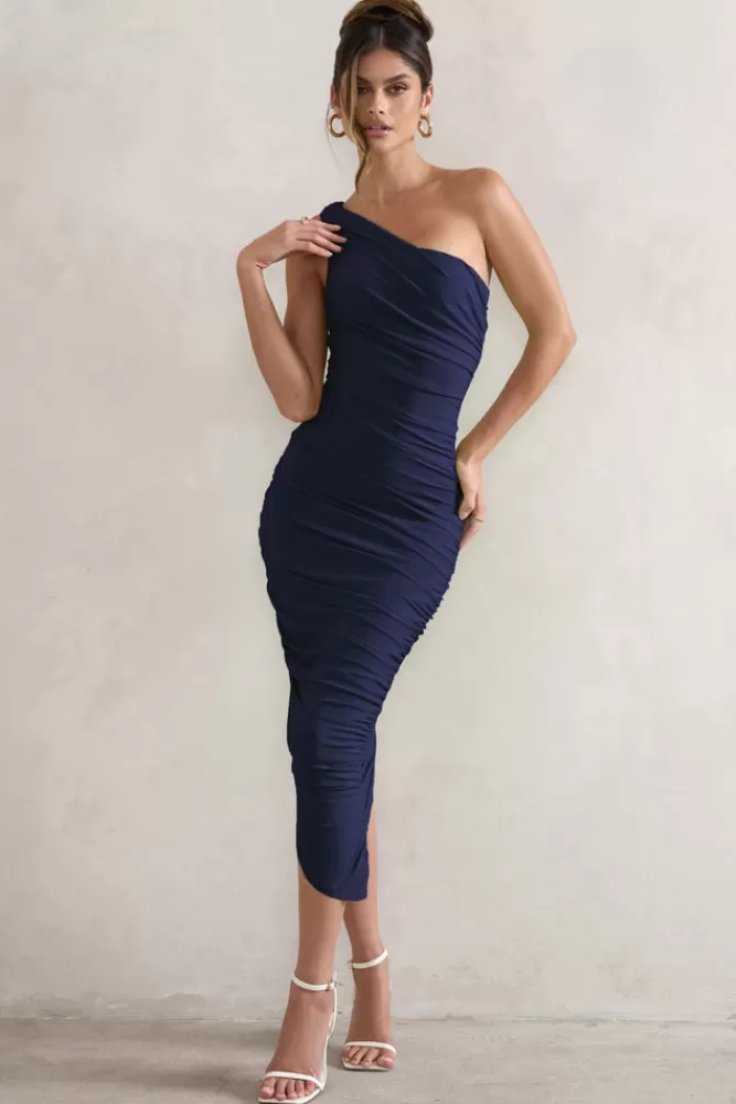 Club L London Dorit | One Shoulder Asymmetric Ruched Midi Dress NAVY Hot