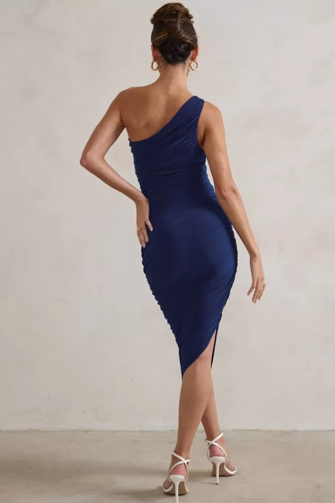 Club L London Dorit | One Shoulder Asymmetric Ruched Midi Dress NAVY Hot