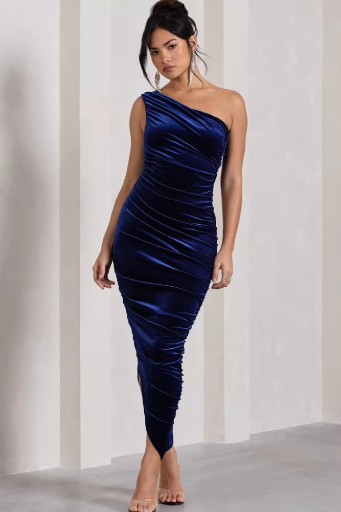 Club L London Dorit | Velvet One Shoulder Asymmetric Ruched Midi Dress NAVY Sale