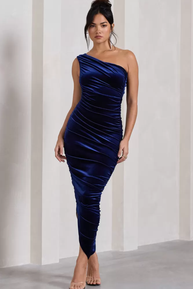 Club L London Dorit | Velvet One Shoulder Asymmetric Ruched Midi Dress NAVY Sale