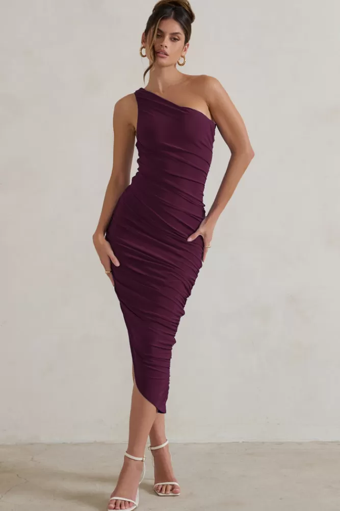 Club L London Dorit | One Shoulder Asymmetric Ruched Midi Dress PLUM Cheap