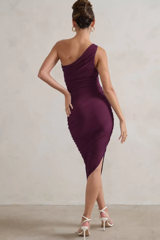 Club L London Dorit | One Shoulder Asymmetric Ruched Midi Dress PLUM Cheap