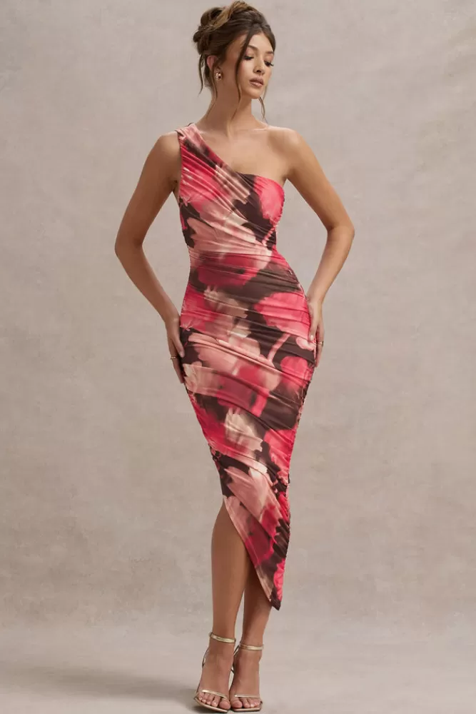 Club L London Dorit | Red Floral Print One Shoulder Asymmetric Ruched Midi Dress REDFLORAL Clearance
