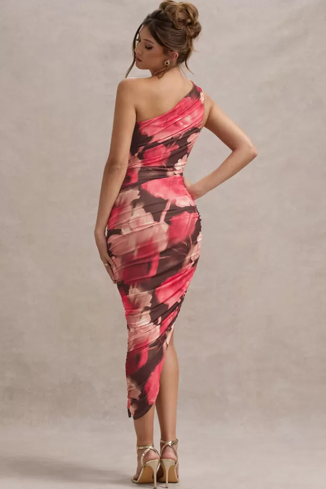 Club L London Dorit | Red Floral Print One Shoulder Asymmetric Ruched Midi Dress REDFLORAL Clearance