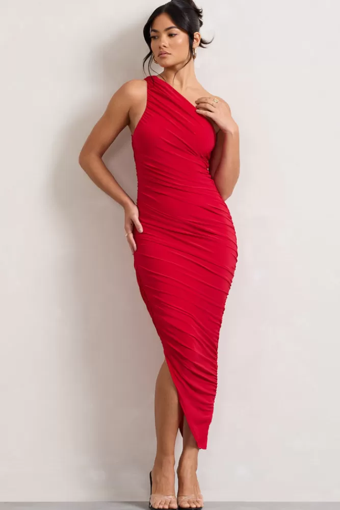 Club L London Dorit | One Shoulder Asymmetric Ruched Midi Dress RED Fashion