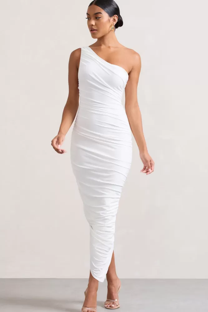 Club L London Dorit | One Shoulder Asymmetric Ruched Midi Dress WHITE Sale