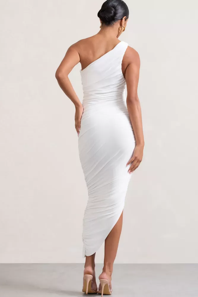 Club L London Dorit | One Shoulder Asymmetric Ruched Midi Dress WHITE Sale