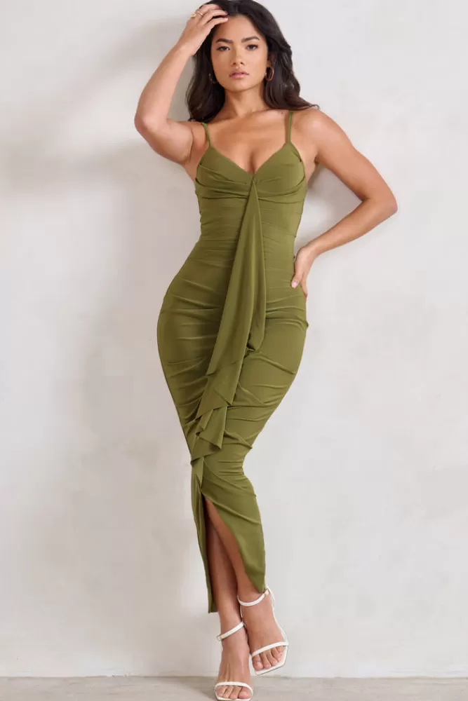 Club L London Dorothy | Green Plunge V Neckline Ruffle Midi Dress OLIVE New