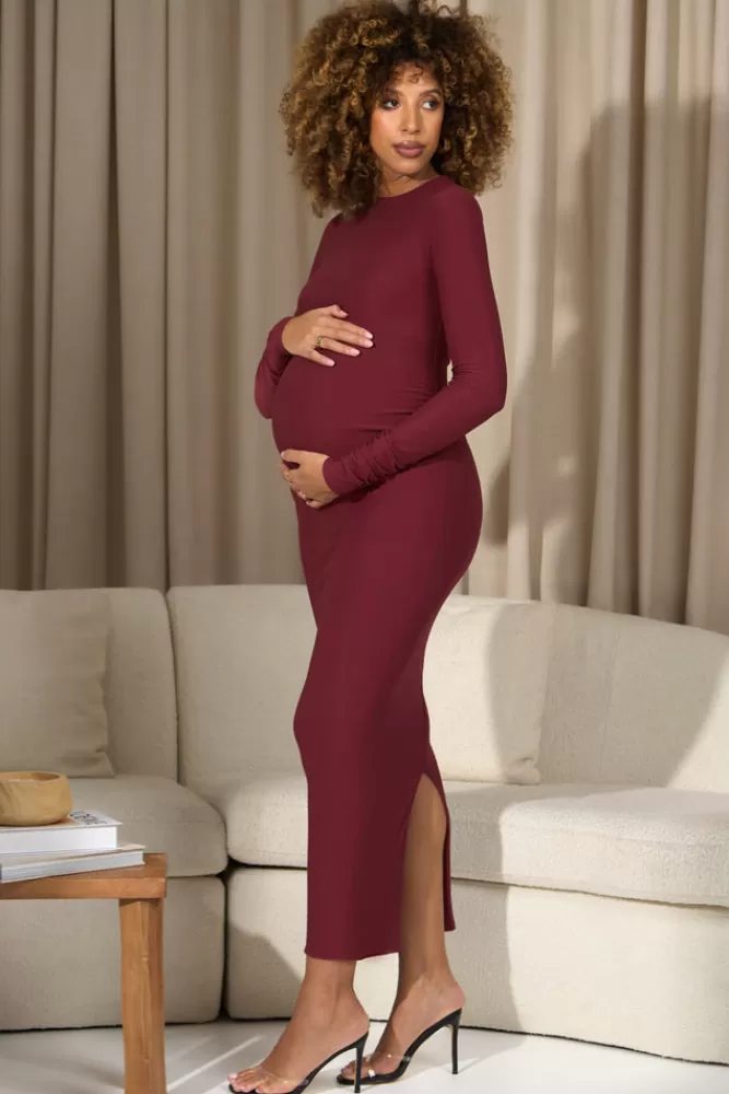 Club L London Dove | Vintage Berry Bodycon Long-Sleeve Maternity Maxi Dress ROSEWOOD Best