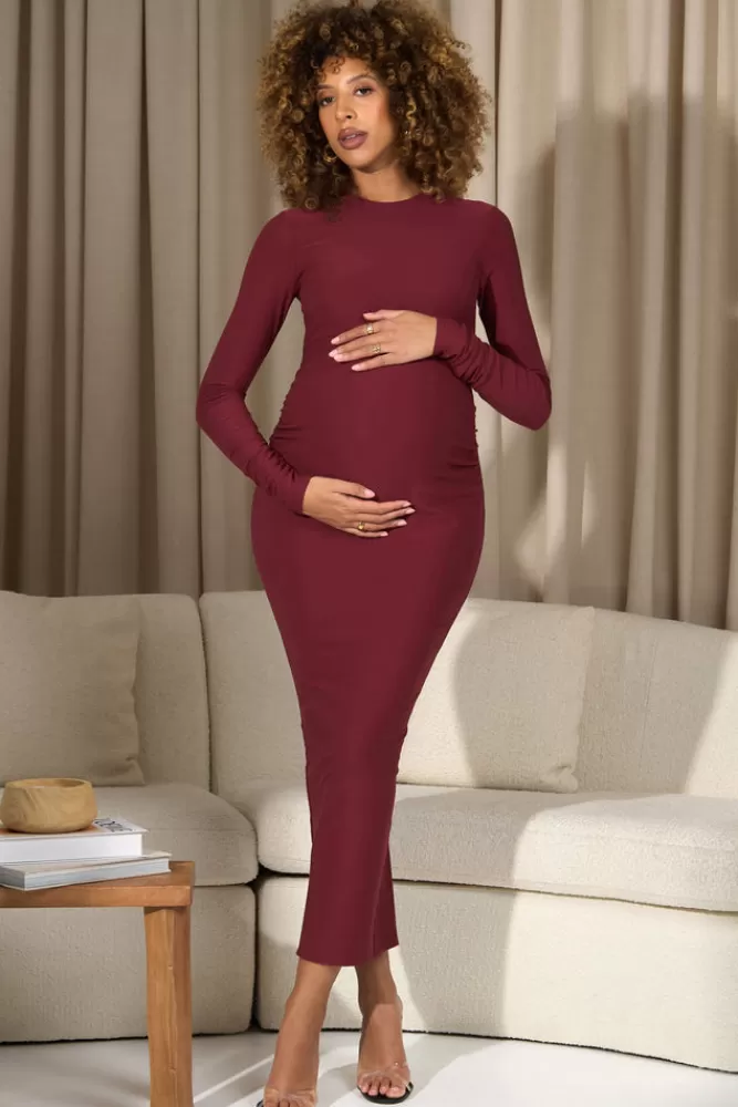 Club L London Dove | Vintage Berry Bodycon Long-Sleeve Maternity Maxi Dress ROSEWOOD Best