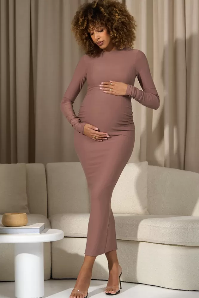 Club L London Dove | Warm Taupe Bodycon Long-Sleeve Maternity Maxi Dress LATTE Outlet