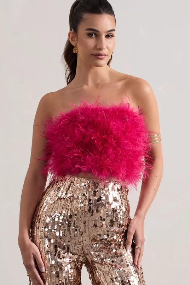 Club L London Dream Daze | Dark Pink Strapless Feather Crop Top MAGENTA Store