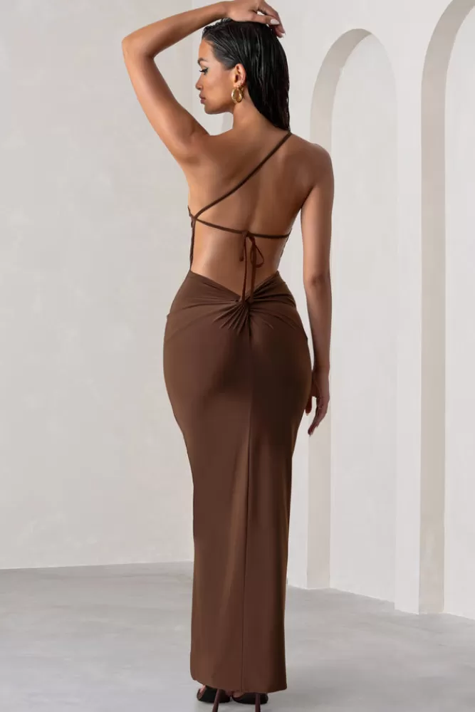 Club L London Dressing Up | Brown One Shoulder Maxi Dress With Open Back Detail CHOCOLATE Cheap