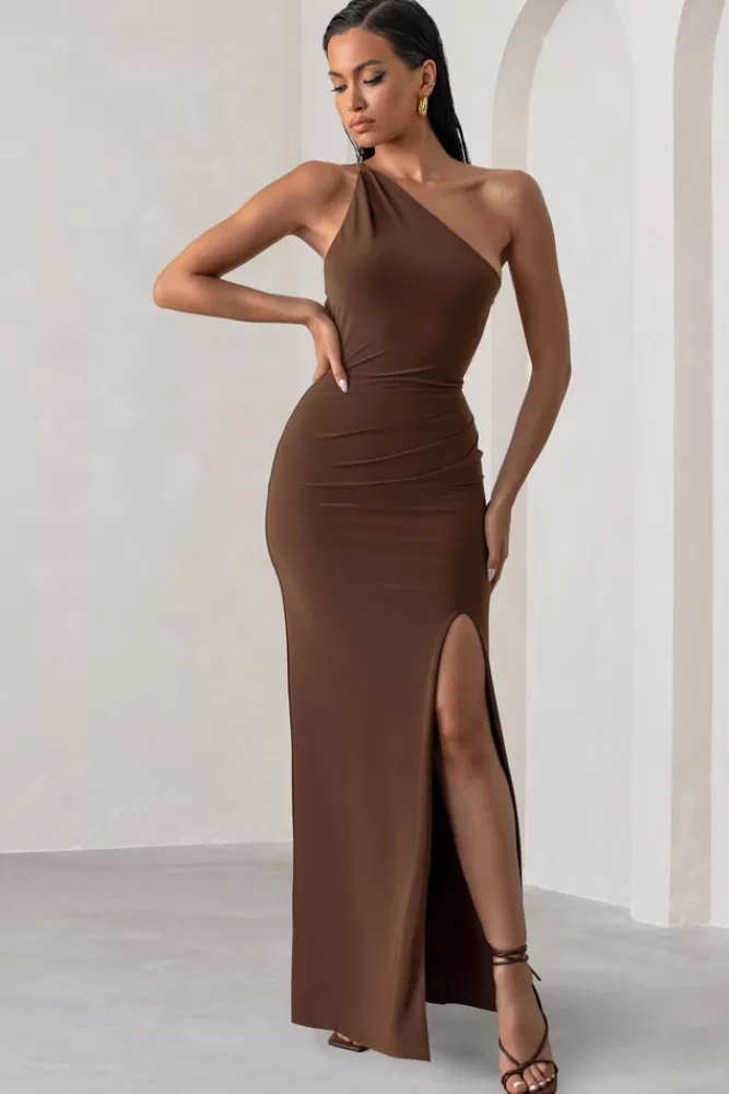 Club L London Dressing Up | Brown One Shoulder Maxi Dress With Open Back Detail CHOCOLATE Cheap