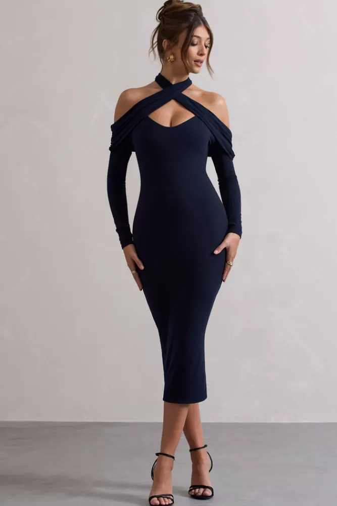 Club L London Duet | Rib Knit Halter-Neck Midi Dress With Cut-Out NAVY Clearance