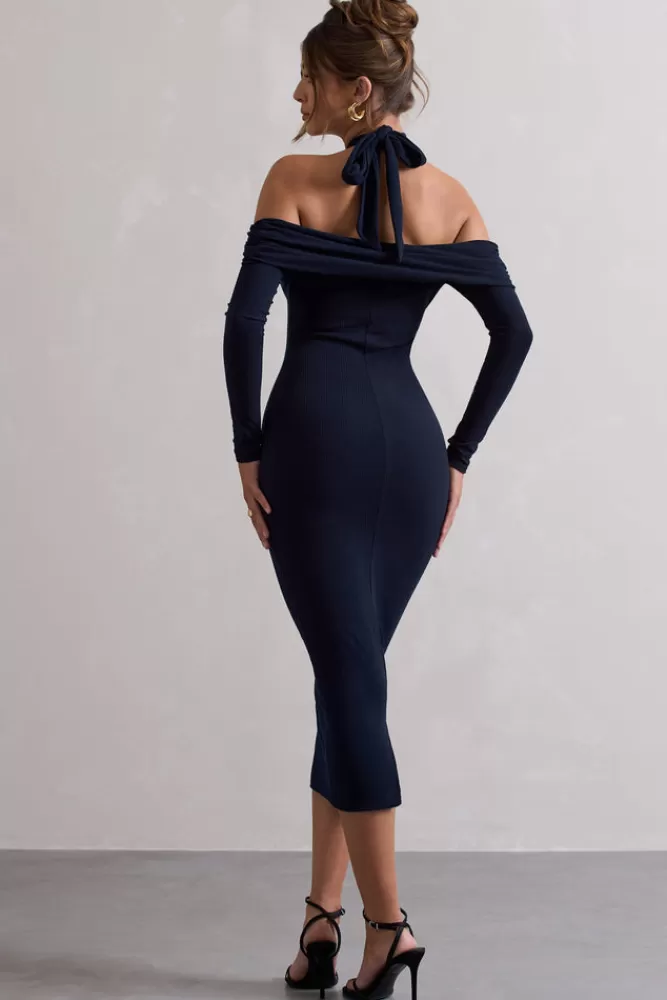 Club L London Duet | Rib Knit Halter-Neck Midi Dress With Cut-Out NAVY Clearance