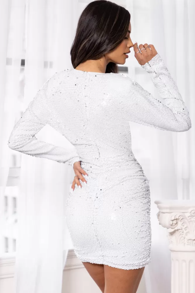 Club L London Dynamic | Sequin Plunge Mini Dress With Gathering White Best