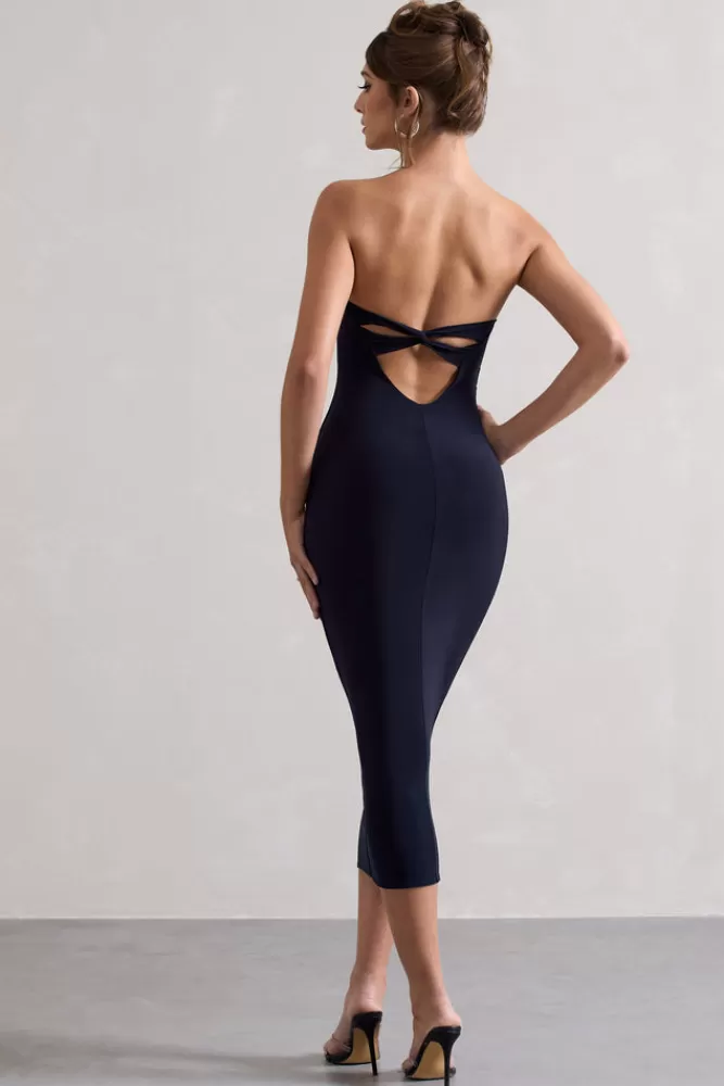 Club L London East End | Strapless Gathered Midi Dress NAVY Store