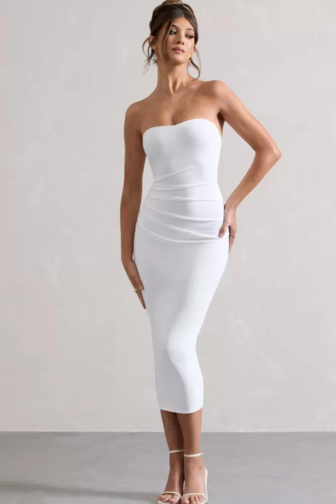 Club L London East End | Strapless Gathered Midi Dress WHITE Cheap