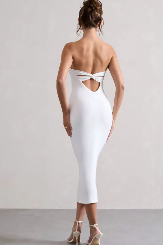 Club L London East End | Strapless Gathered Midi Dress WHITE Cheap