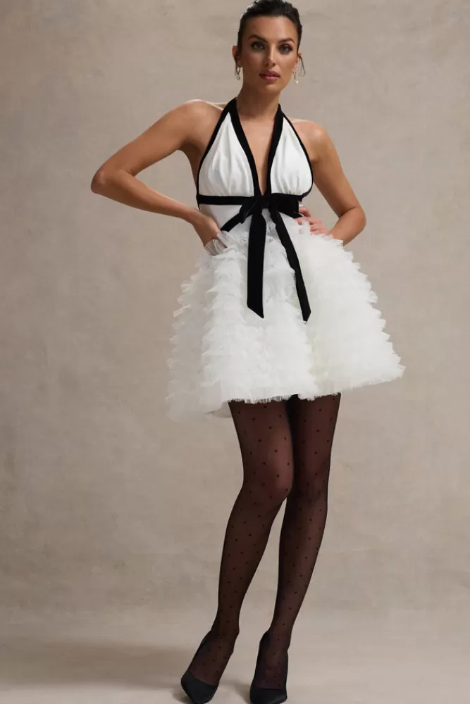 Club L London Eclair | Black u0026 White Plunge-Neck Mini Dress With Tulle Skirt BLACKANDWHITE Store
