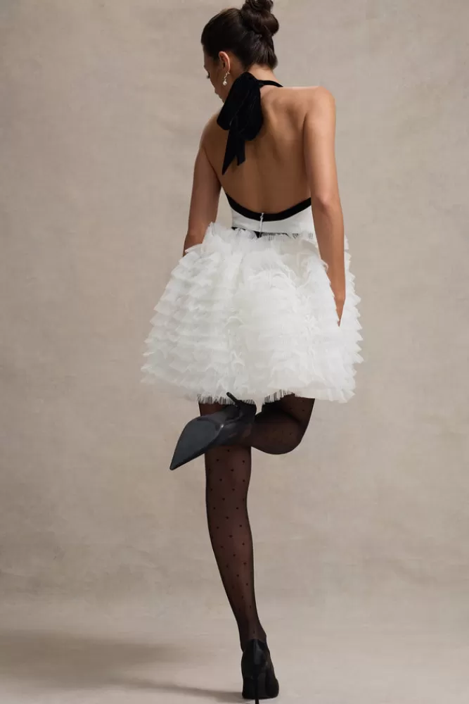 Club L London Eclair | Black u0026 White Plunge-Neck Mini Dress With Tulle Skirt BLACKANDWHITE Store