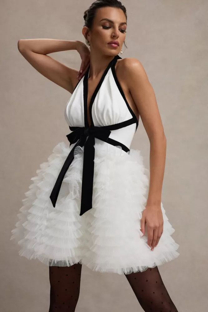 Club L London Eclair | Black u0026 White Plunge-Neck Mini Dress With Tulle Skirt BLACKANDWHITE Store